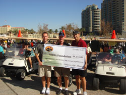 Collegiate Golf Alliance officials Greg Long (left) and Mike Munson (right) present a check for $8,154 to NIRSA Foundation Board Member Dave Koch of UC San Diego (center).